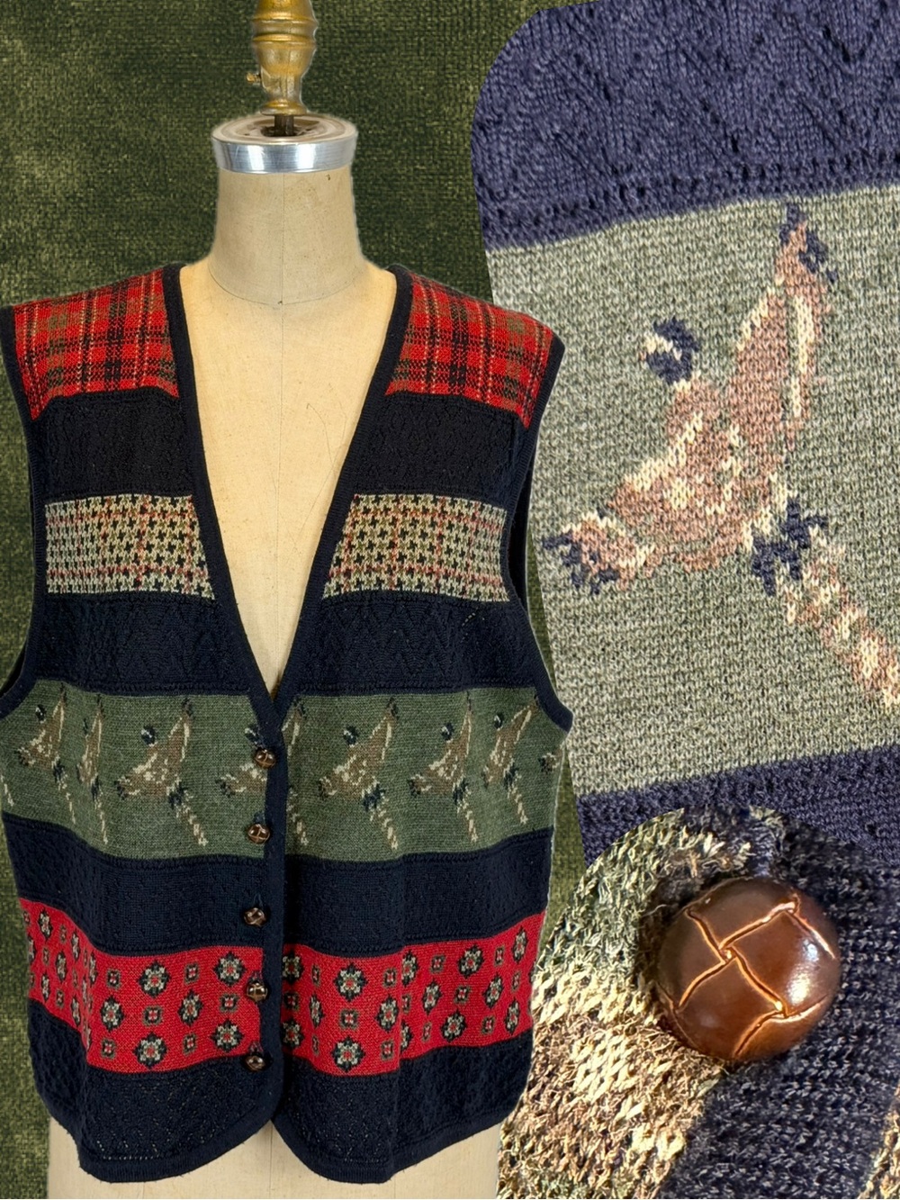 VINTAGE pheasants countryside estate knit sweater vest plaid heritage fox hunt